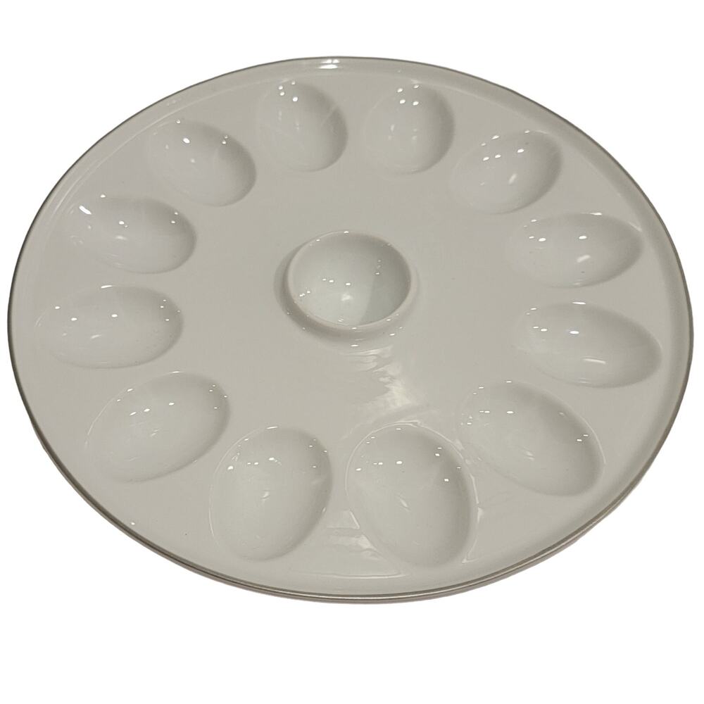 Williams Sonoma Devil Egg Platter 12 Count Ceramic White Gold Trim‎ Serving Dish